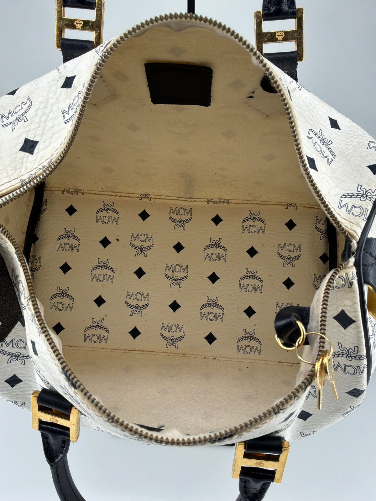MCM Visetos Flight Print Coated Canvas Boston Bag – White