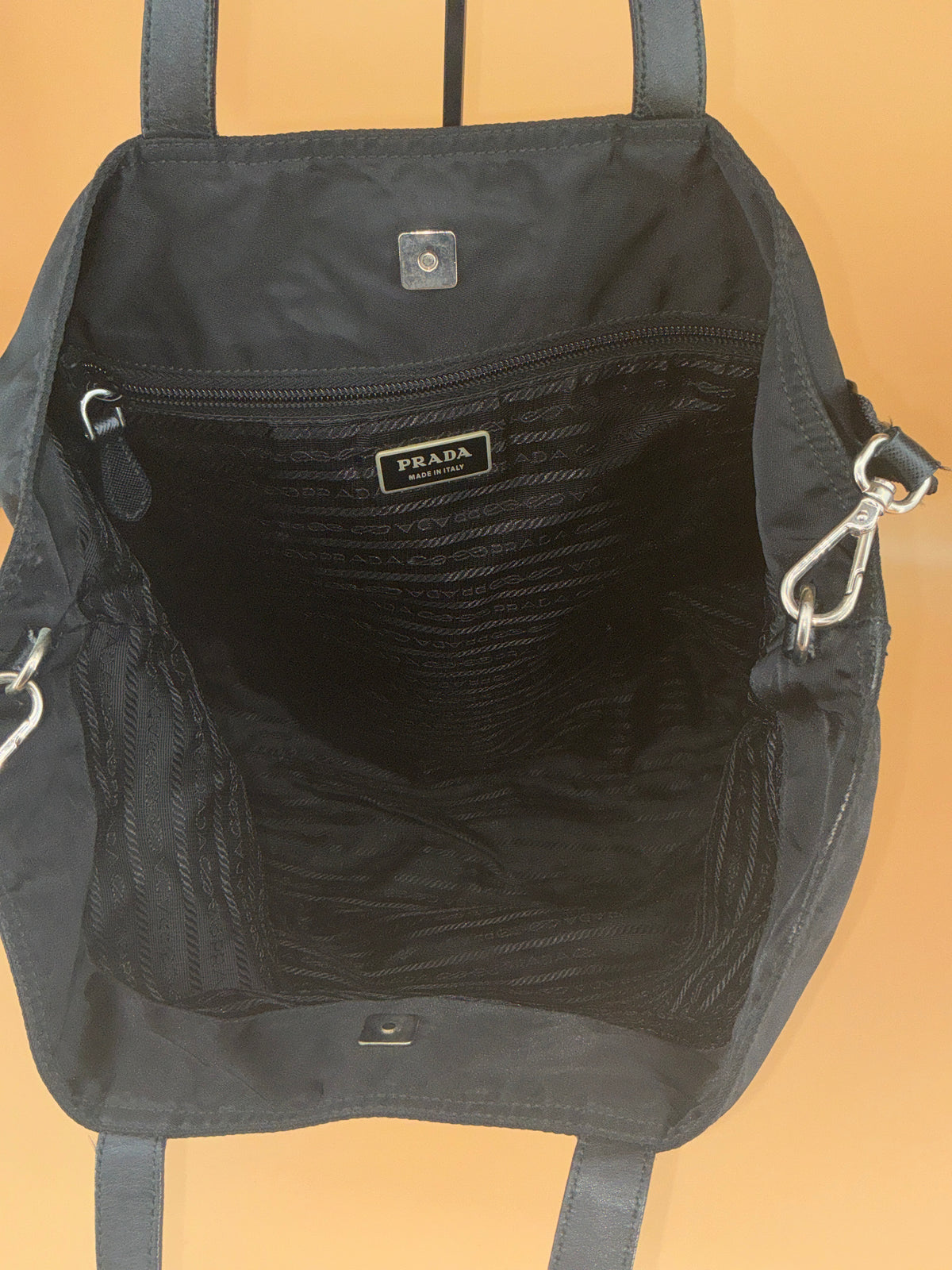 Prada Tessuto Nylon Tote Bag – Black with Teddy Bear Applique, 1990s Vintage