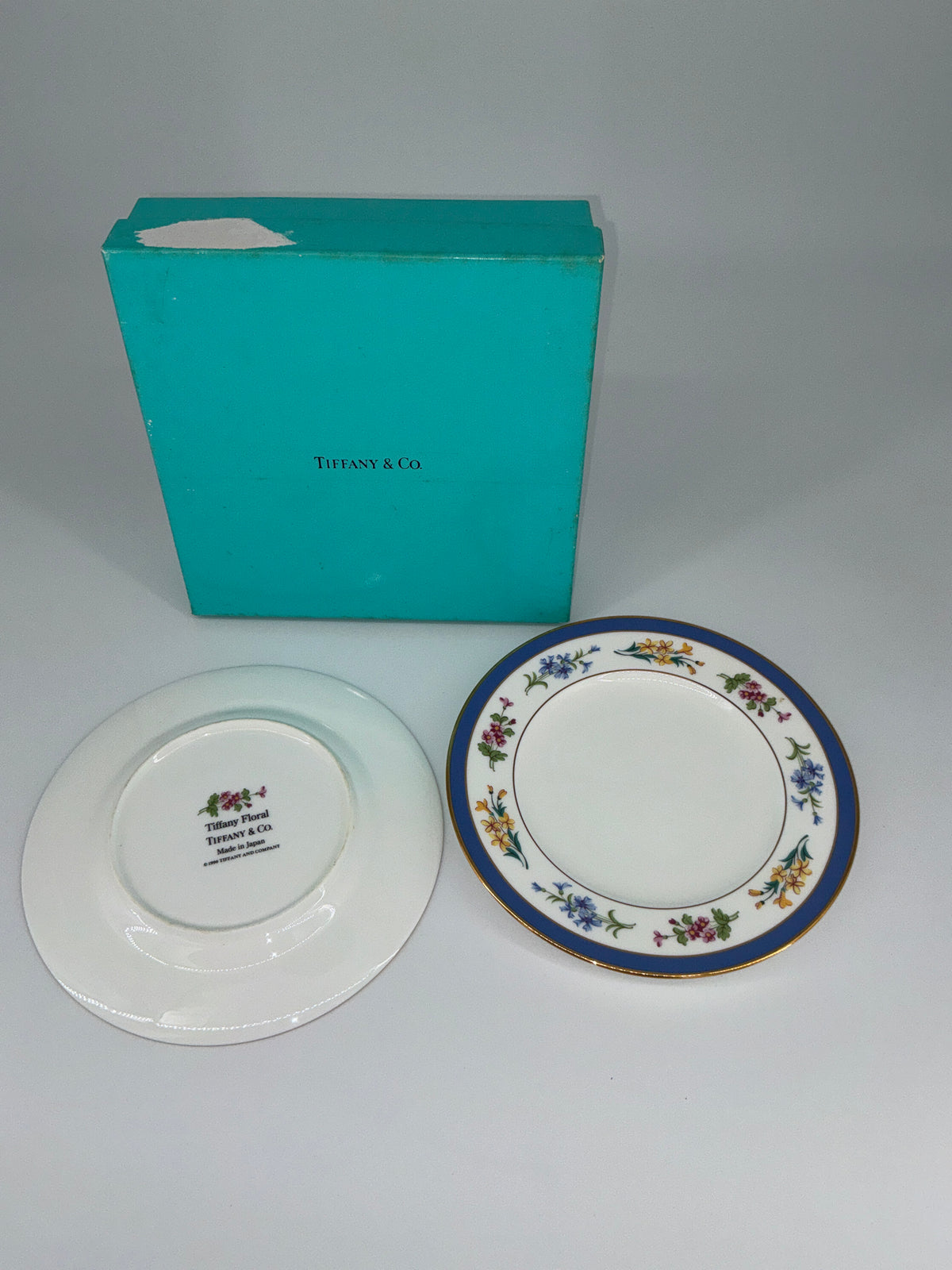Tiffany & Co. Floral Porcelain Saucer Set – Cobalt Blue Border, Set of 2
