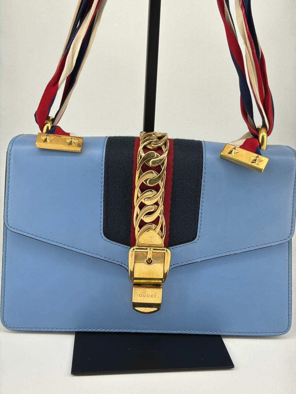 Gucci Sylvie Web Leather Shoulder Bag – Light Blue