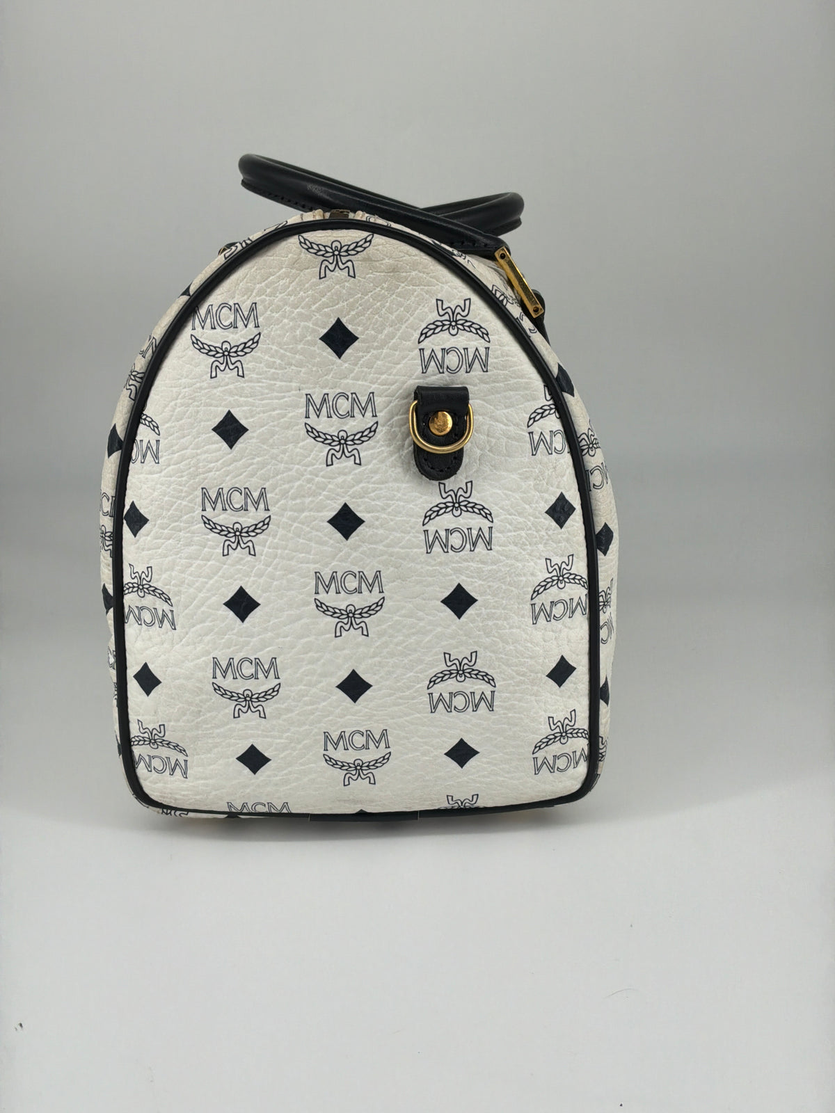 MCM Visetos Flight Print Coated Canvas Boston Bag – White