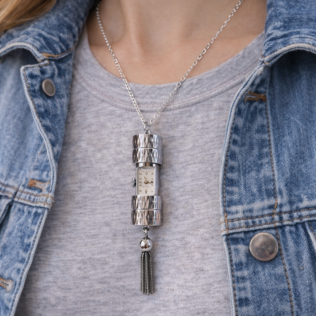 Baylor Vintage "Peek-A-Boo" Secret Watch Pendant | Excellent | Silver-Tone Cylinder with Tassel