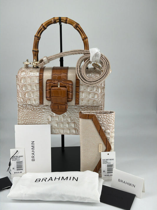 Brahmin Bamboo Handle Woven Leather Tote & Wallet Bundle – Pecan / Natural
