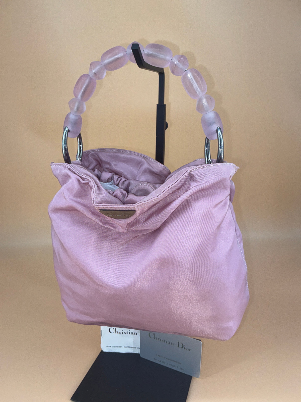 Christian Dior Mini Pouch Bag – Vintage Blush Pink Satin with Resin Beaded Handle