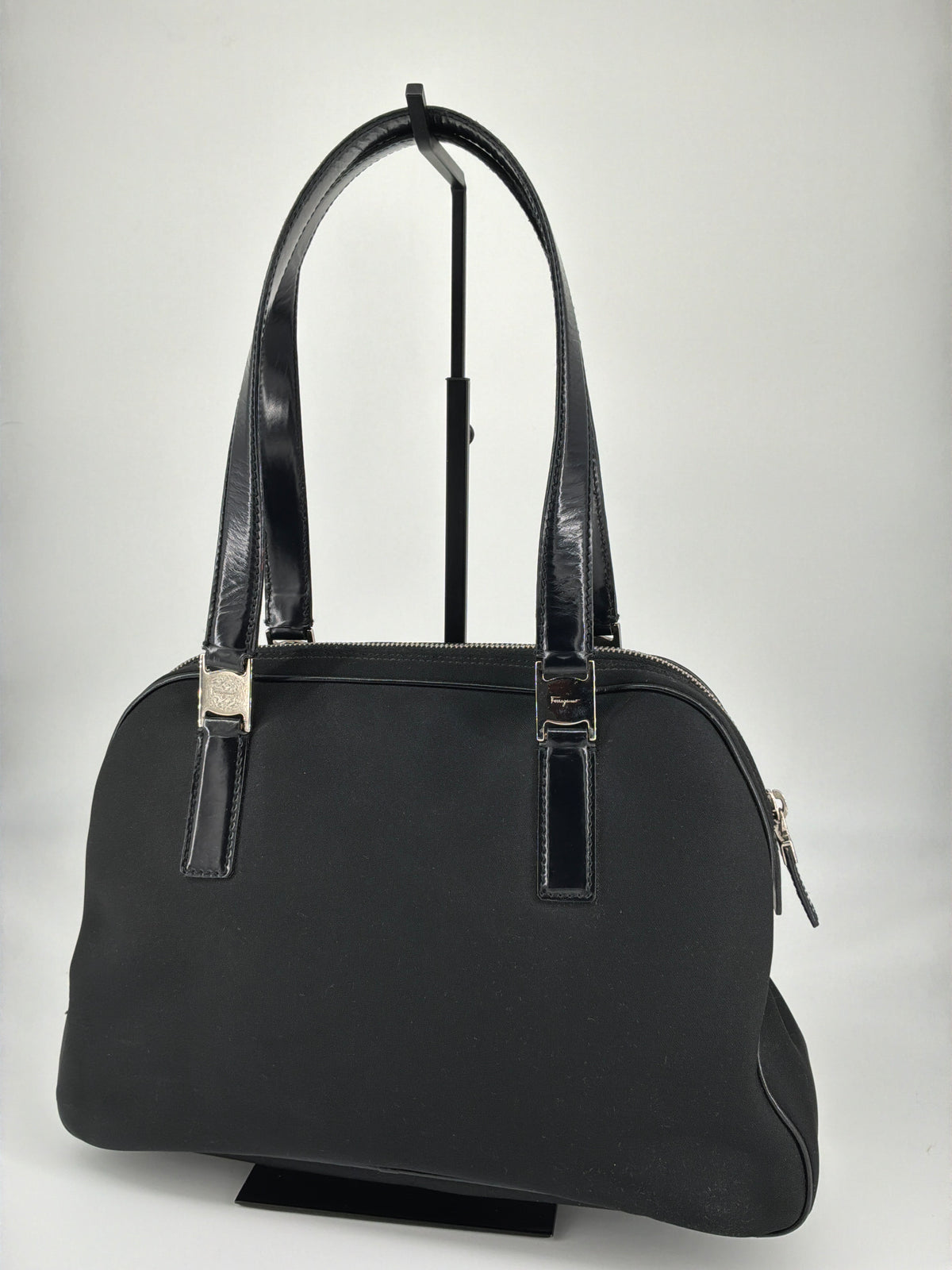 Salvatore Ferragamo Logo Plate Nylon & Leather Shoulder Tote Bag – Black