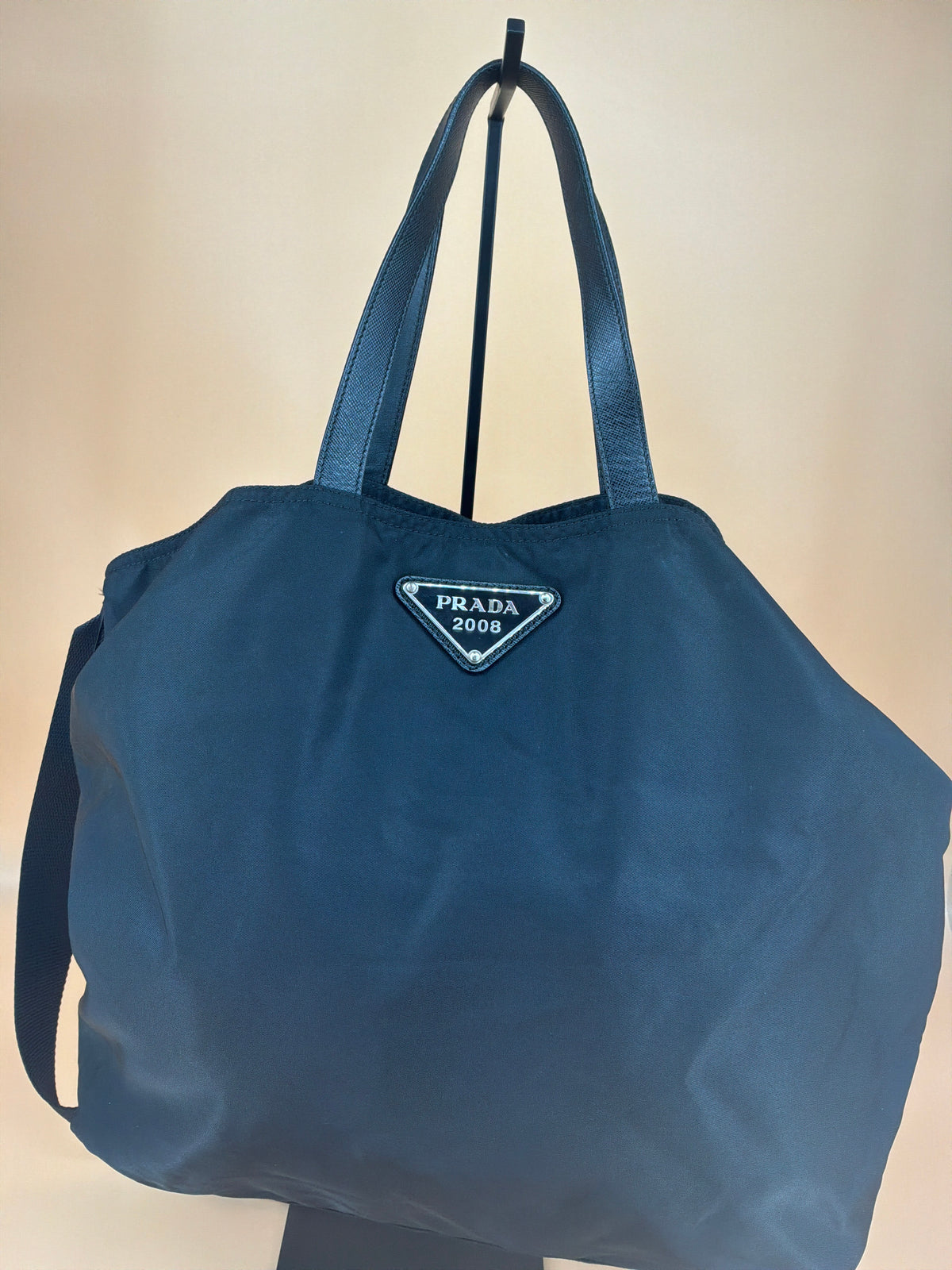 Prada Tessuto Nylon Tote Bag – Black with Teddy Bear Applique, 1990s Vintage
