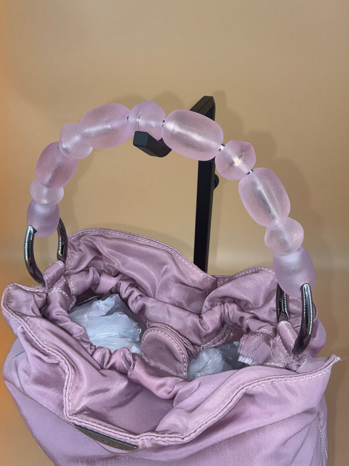 Christian Dior Mini Pouch Bag – Vintage Blush Pink Satin with Resin Beaded Handle