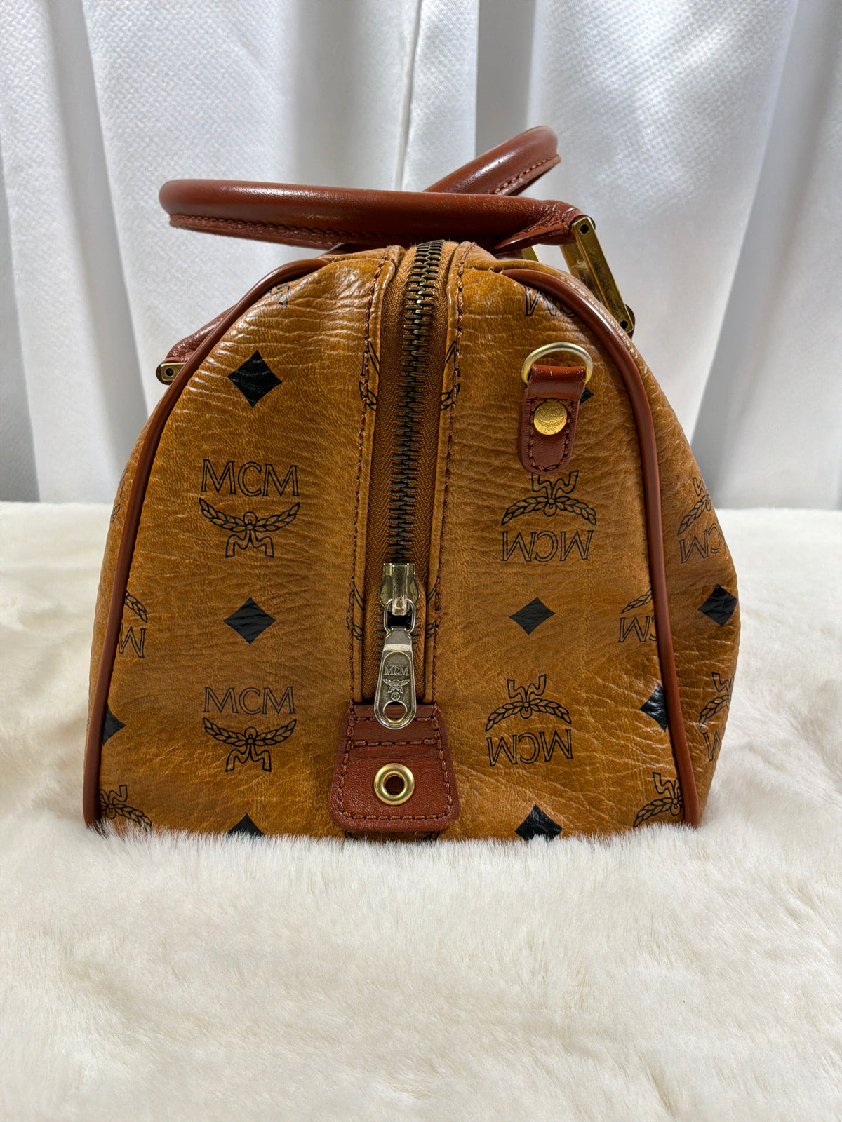 MCM Cognac Visetos Small Boston Bag Vintage