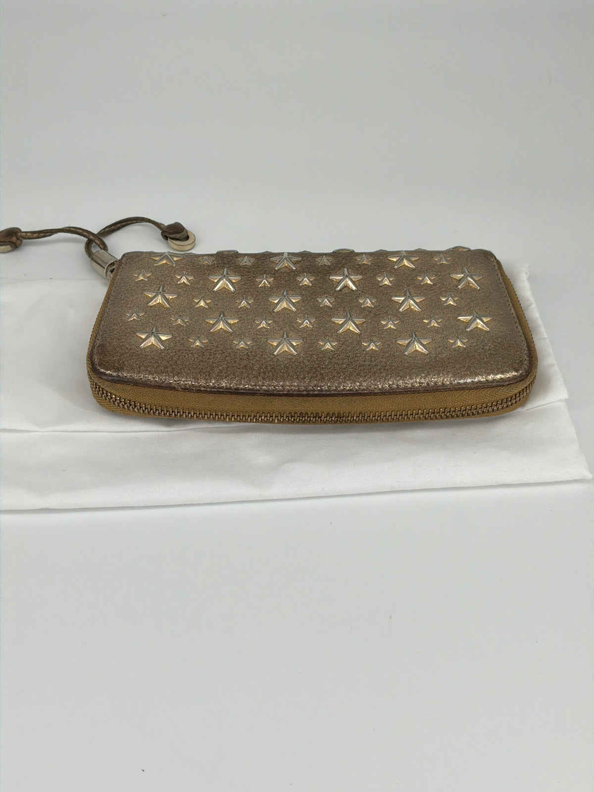 Jimmy Choo Star Studded Leather Zip-Around Wallet – Metallic Dark Gold