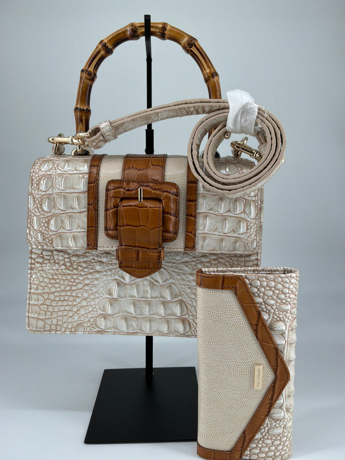 Brahmin Bamboo Handle Woven Leather Tote & Wallet Bundle – Pecan / Natural