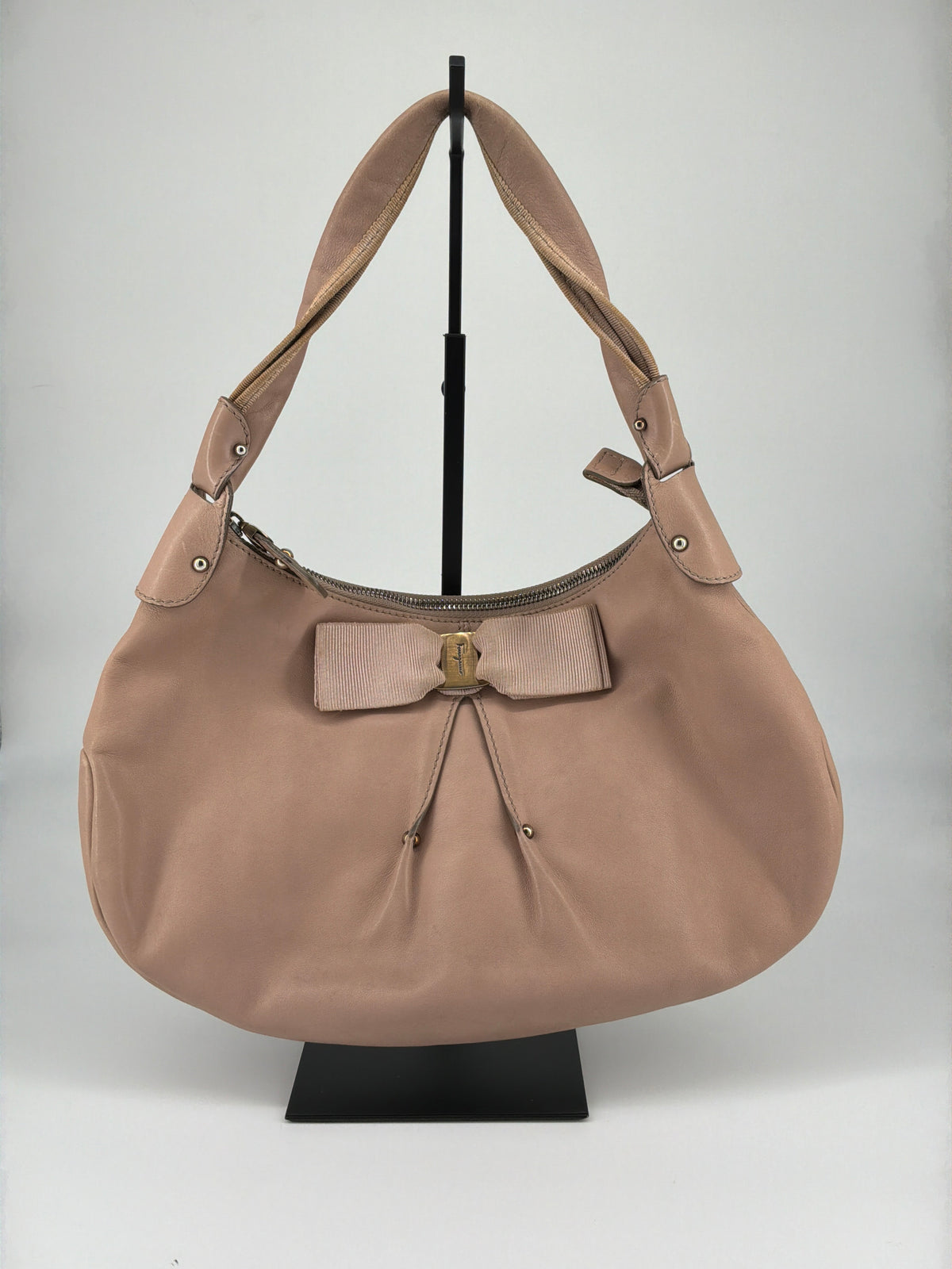 Salvatore Ferragamo Pleated Bow Leather Hobo Shoulder Bag – Taupe