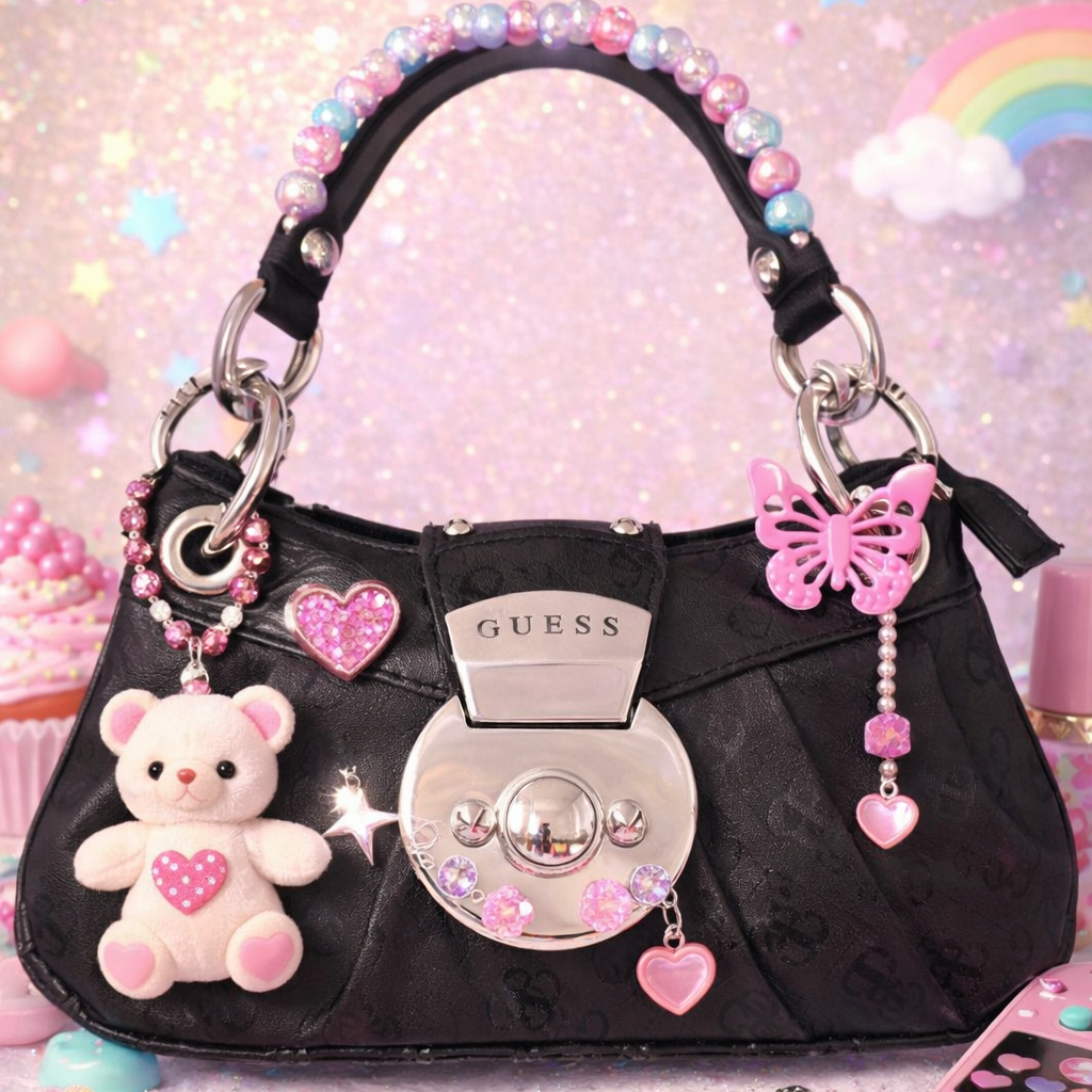 Vintage GUESS Mini F-1 Monogram Baguette Handbag - Black Textile Silver - Rank SA