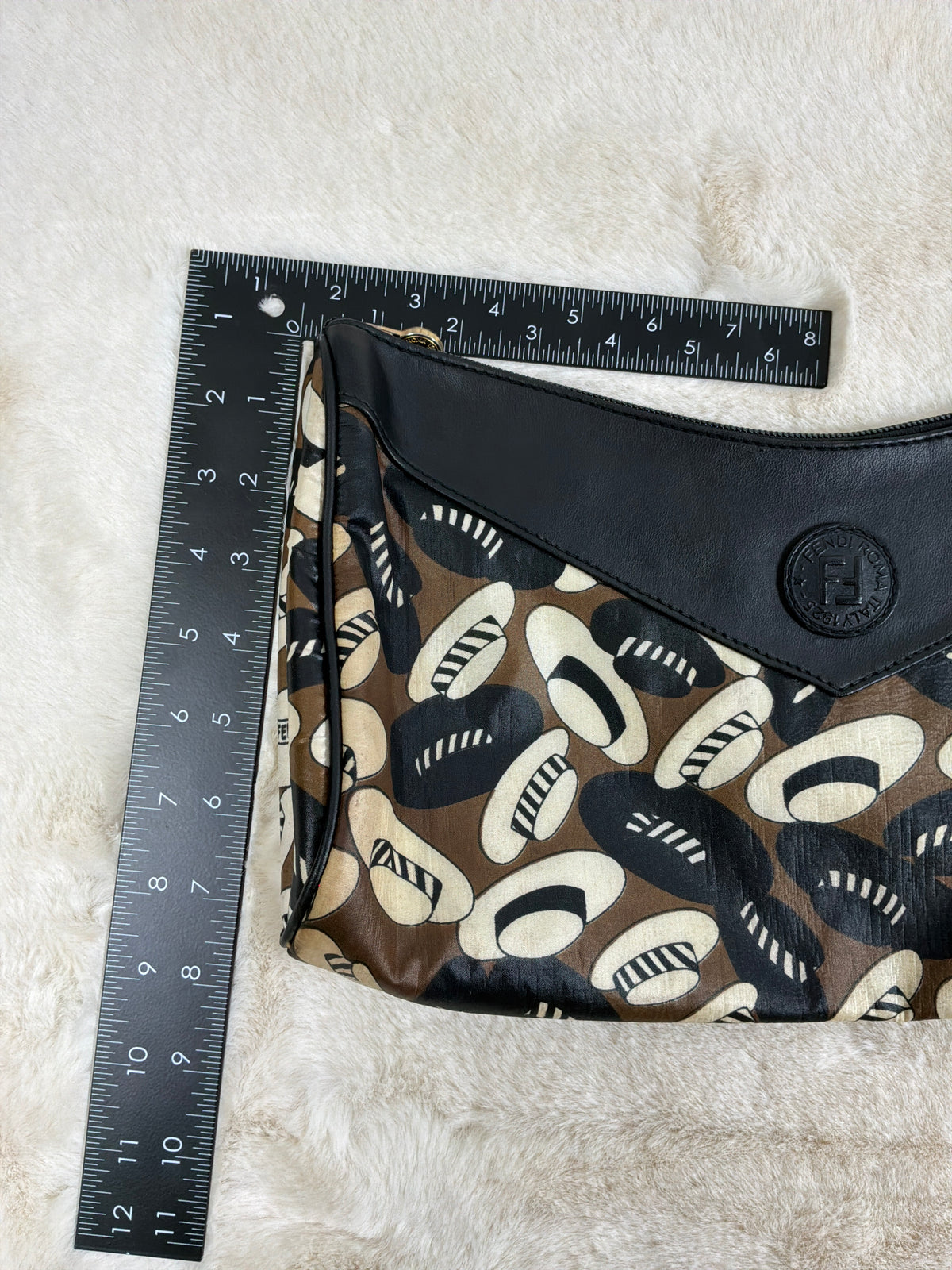 Fendi Vintage Black Leather & Abstract Print Canvas Clutch