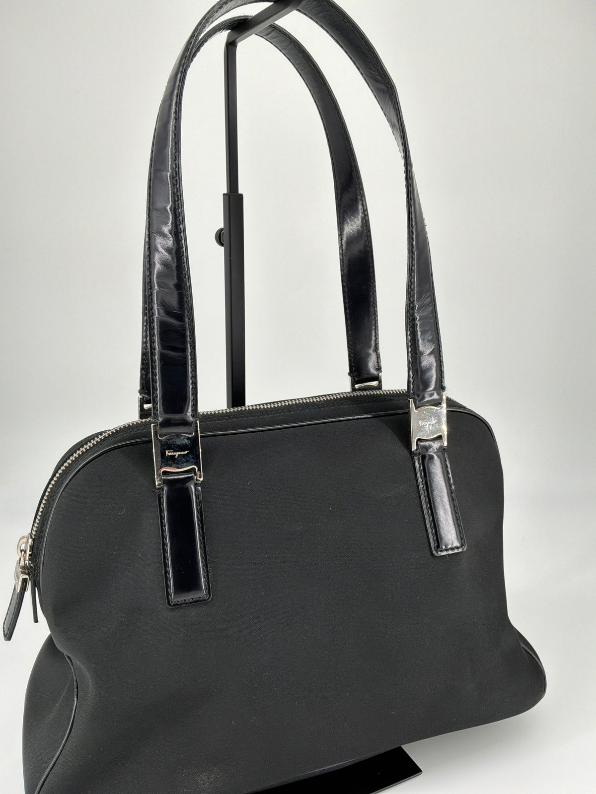 Salvatore Ferragamo Logo Plate Nylon & Leather Shoulder Tote Bag – Black