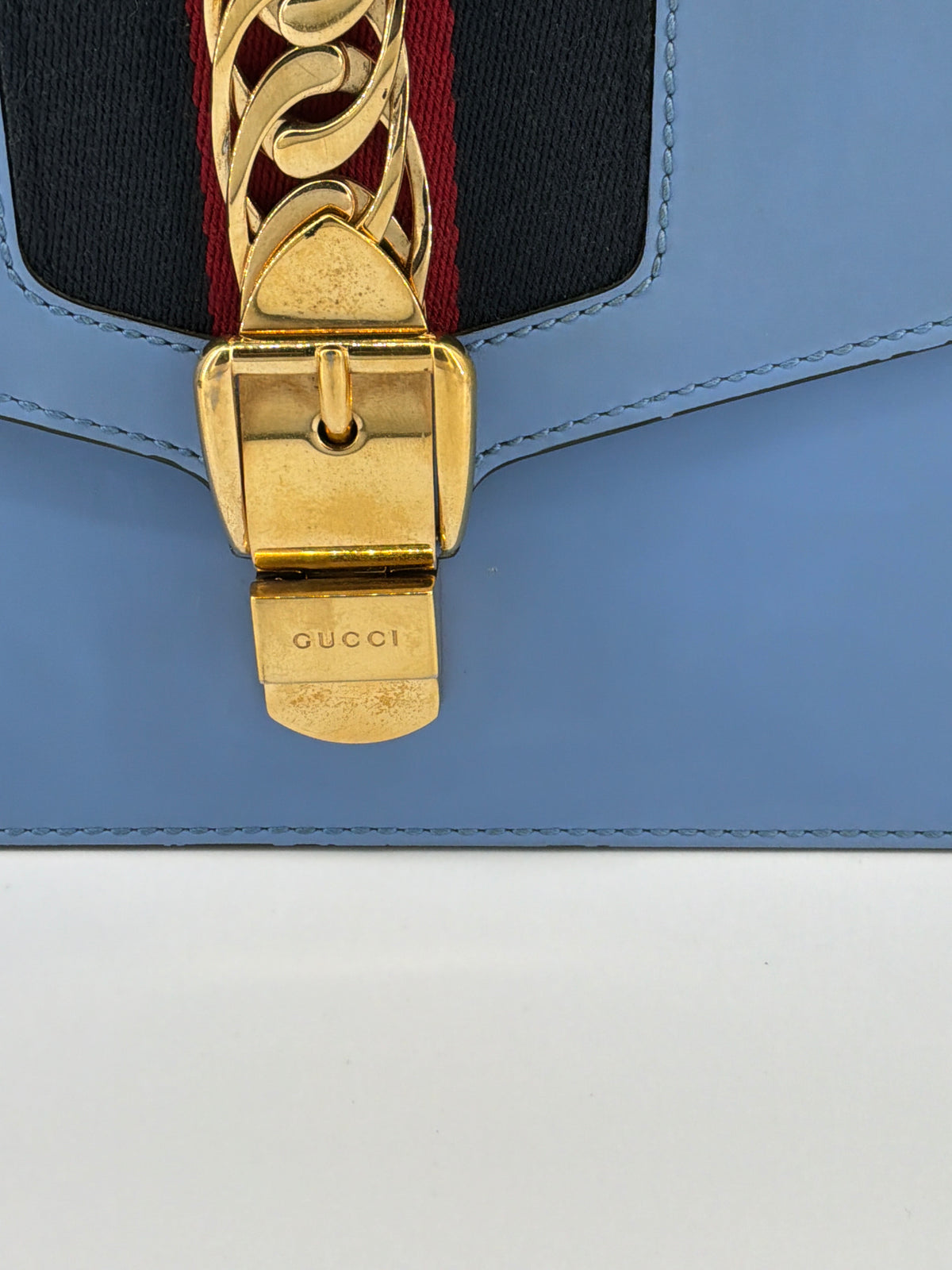 Gucci Sylvie Web Leather Shoulder Bag – Light Blue