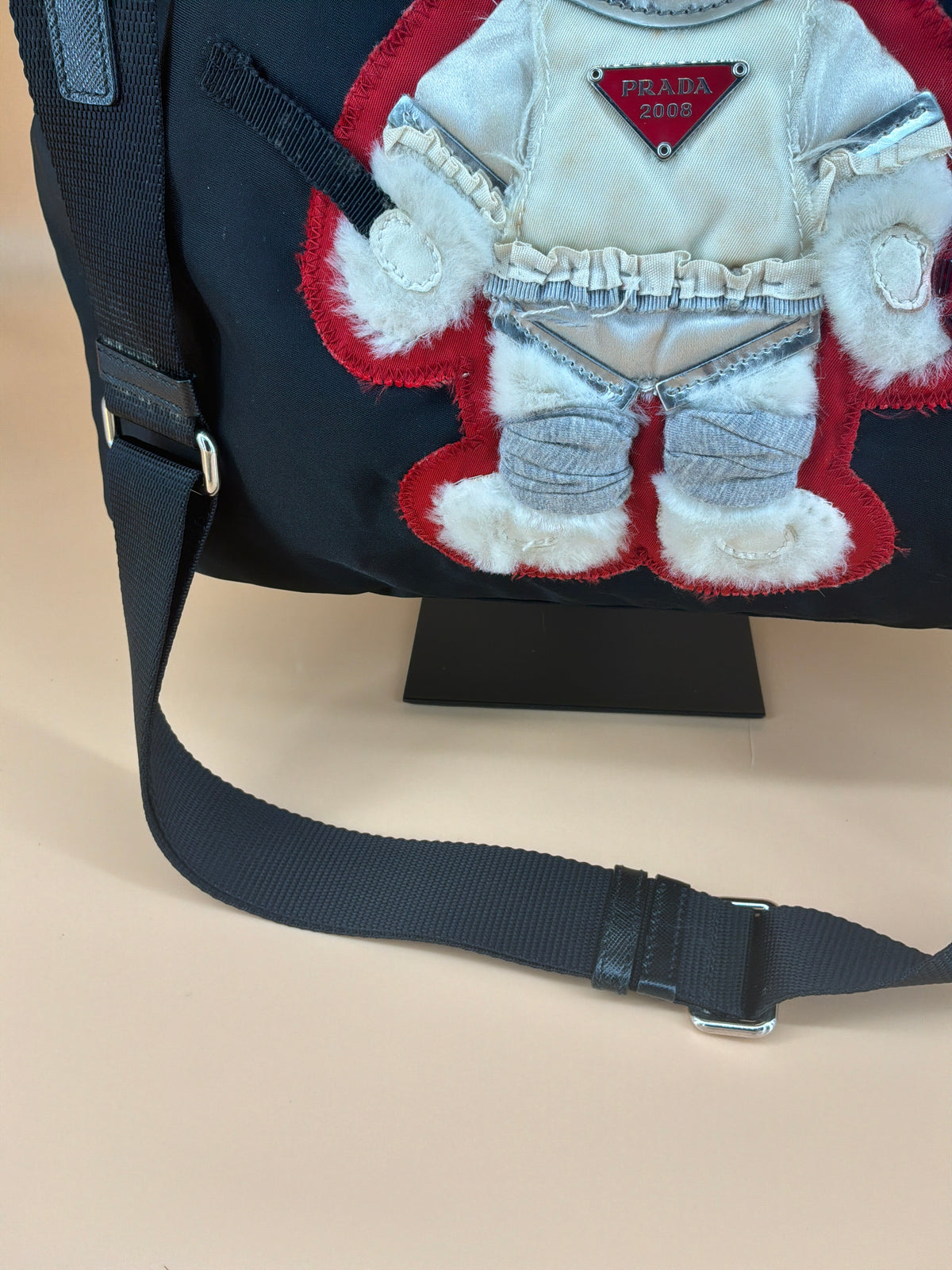 Prada Tessuto Nylon Tote Bag – Black with Teddy Bear Applique, 1990s Vintage