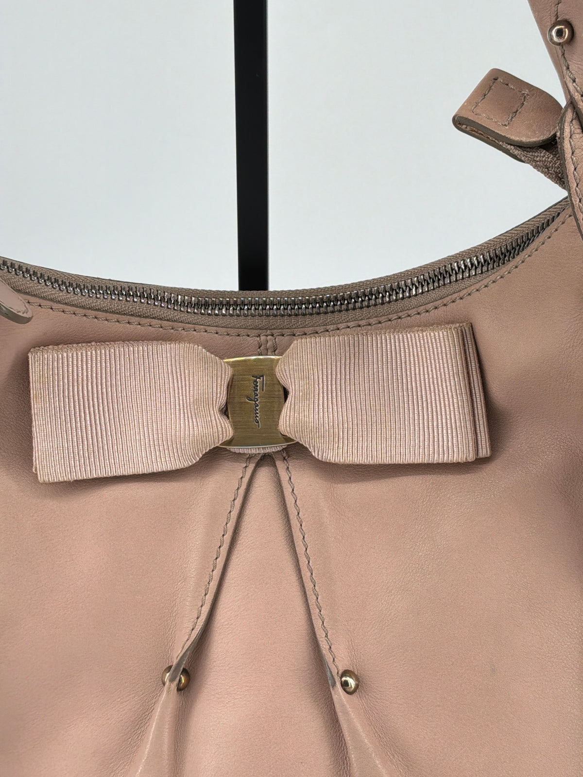 Salvatore Ferragamo Pleated Bow Leather Hobo Shoulder Bag – Taupe