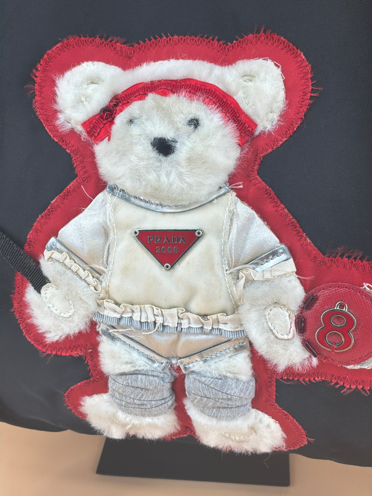 Prada Tessuto Nylon Tote Bag – Black with Teddy Bear Applique, 1990s Vintage