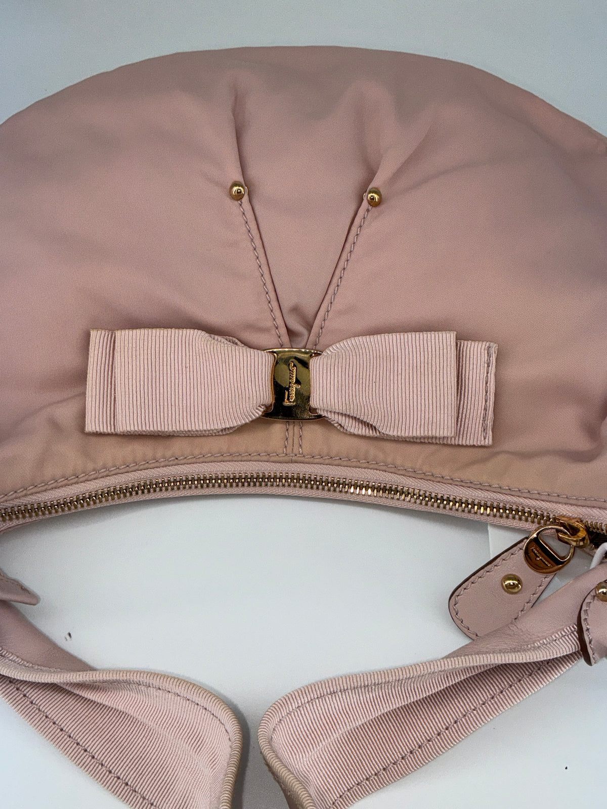 Salvatore Ferragamo Pleated Bow Hobo Shoulder Bag – Pink Nylon