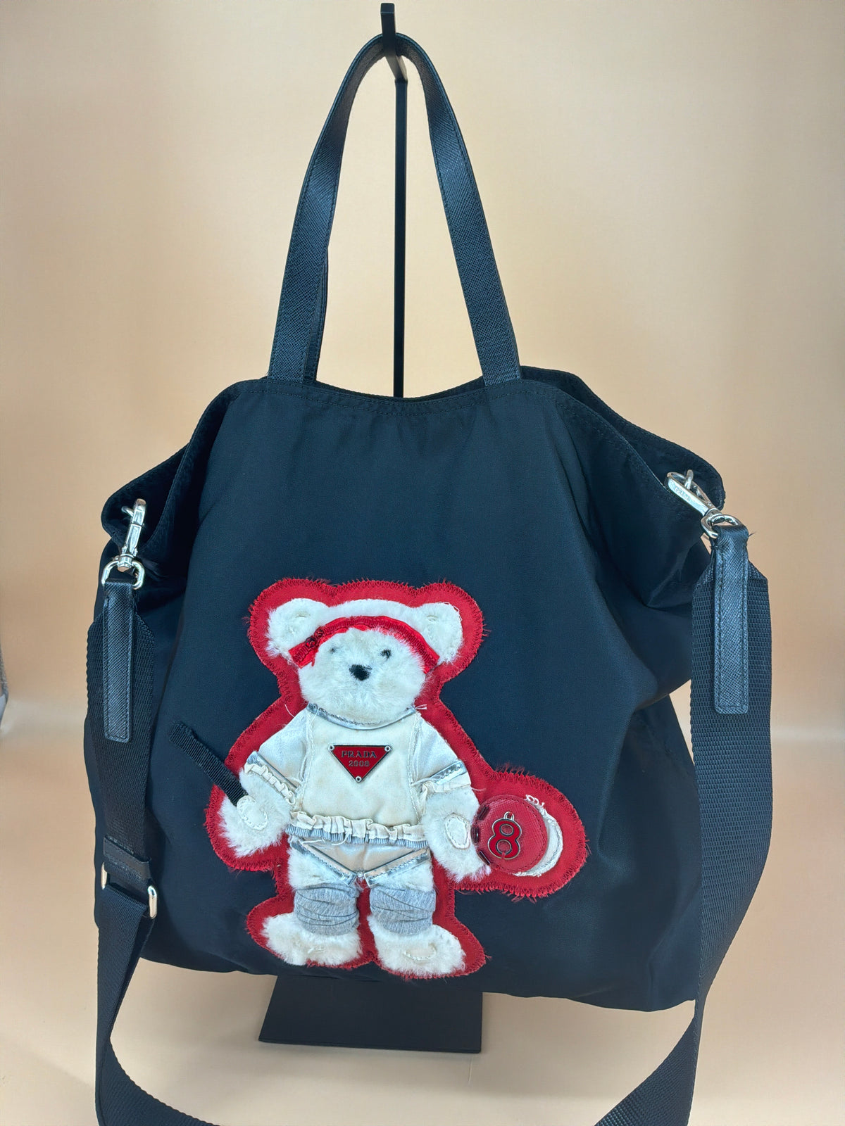 Prada Tessuto Nylon Tote Bag – Black with Teddy Bear Applique, 1990s Vintage