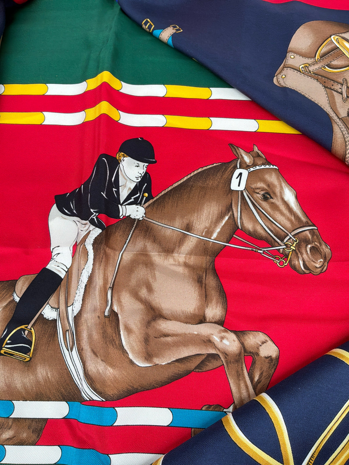 Gucci Vintage Equestrian Horse and Jockey Printed Silk Scarf – Red & Navy