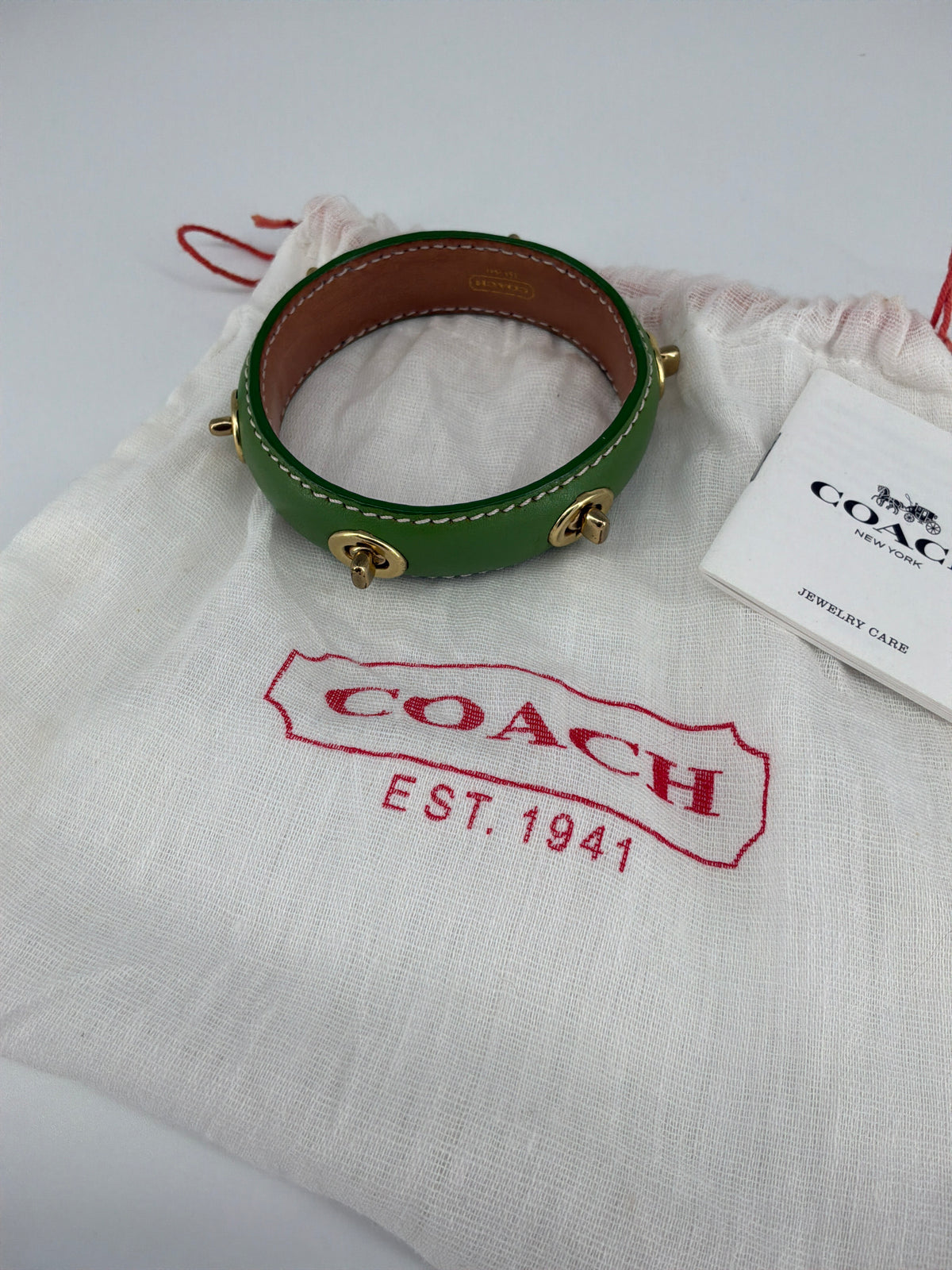 Coach Studded Hinged Bangle Bracelet – Green and Gold-Tone