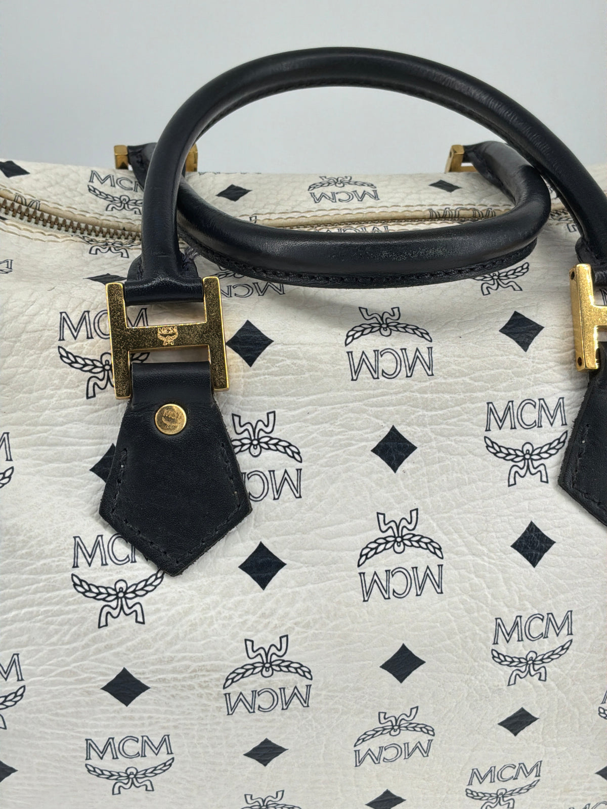 MCM Visetos Flight Print Coated Canvas Boston Bag – White