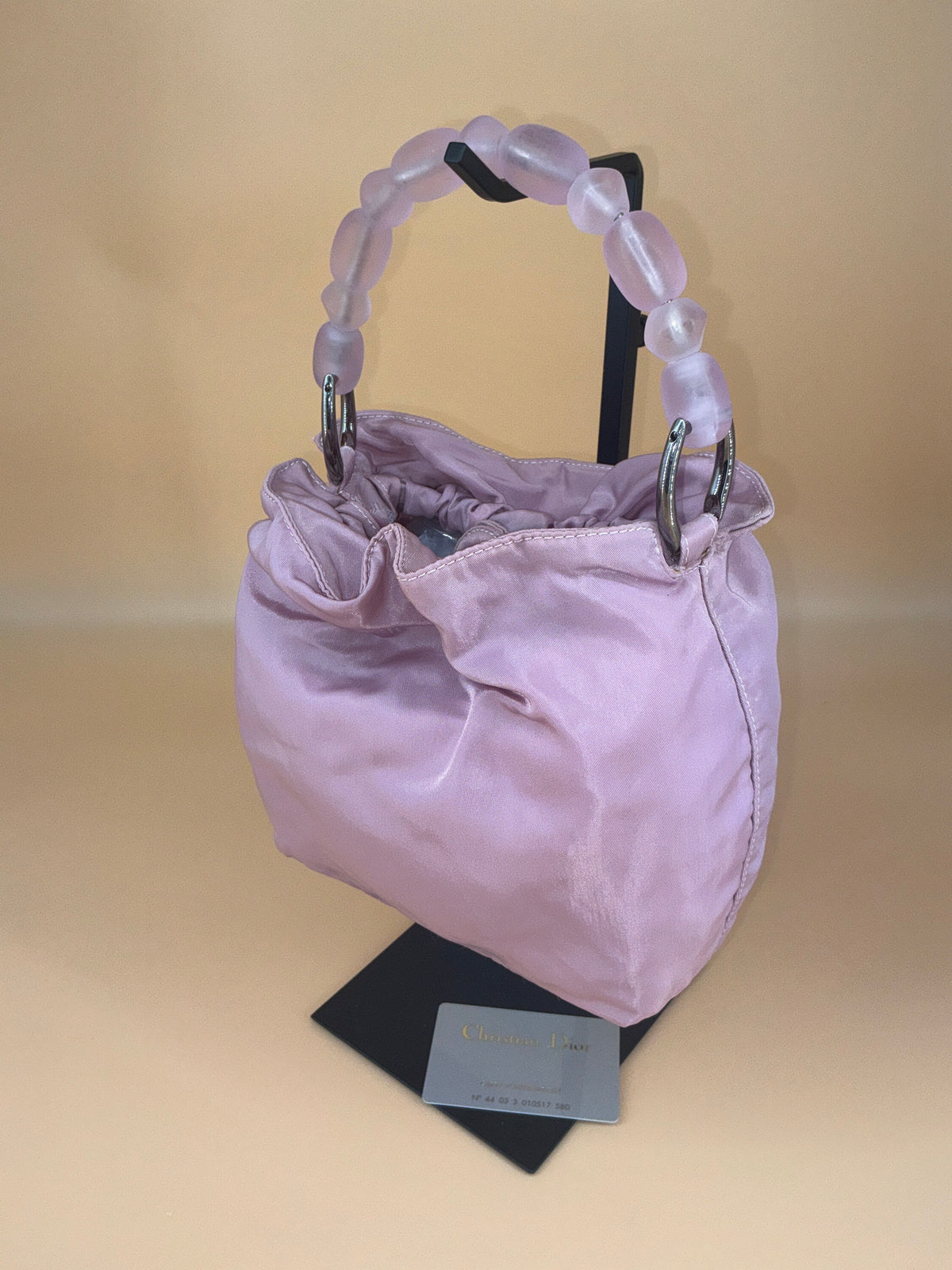 Christian Dior Mini Pouch Bag – Vintage Blush Pink Satin with Resin Beaded Handle