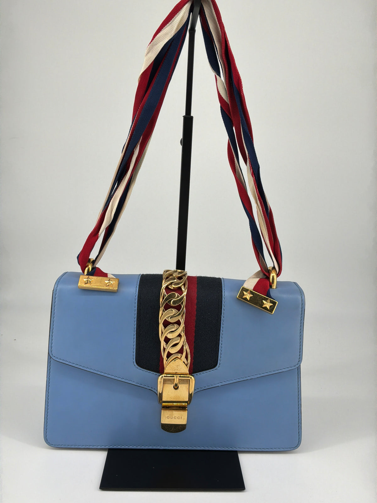 Gucci Sylvie Web Leather Shoulder Bag – Light Blue