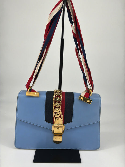 Gucci Sylvie Web Leather Shoulder Bag – Light Blue
