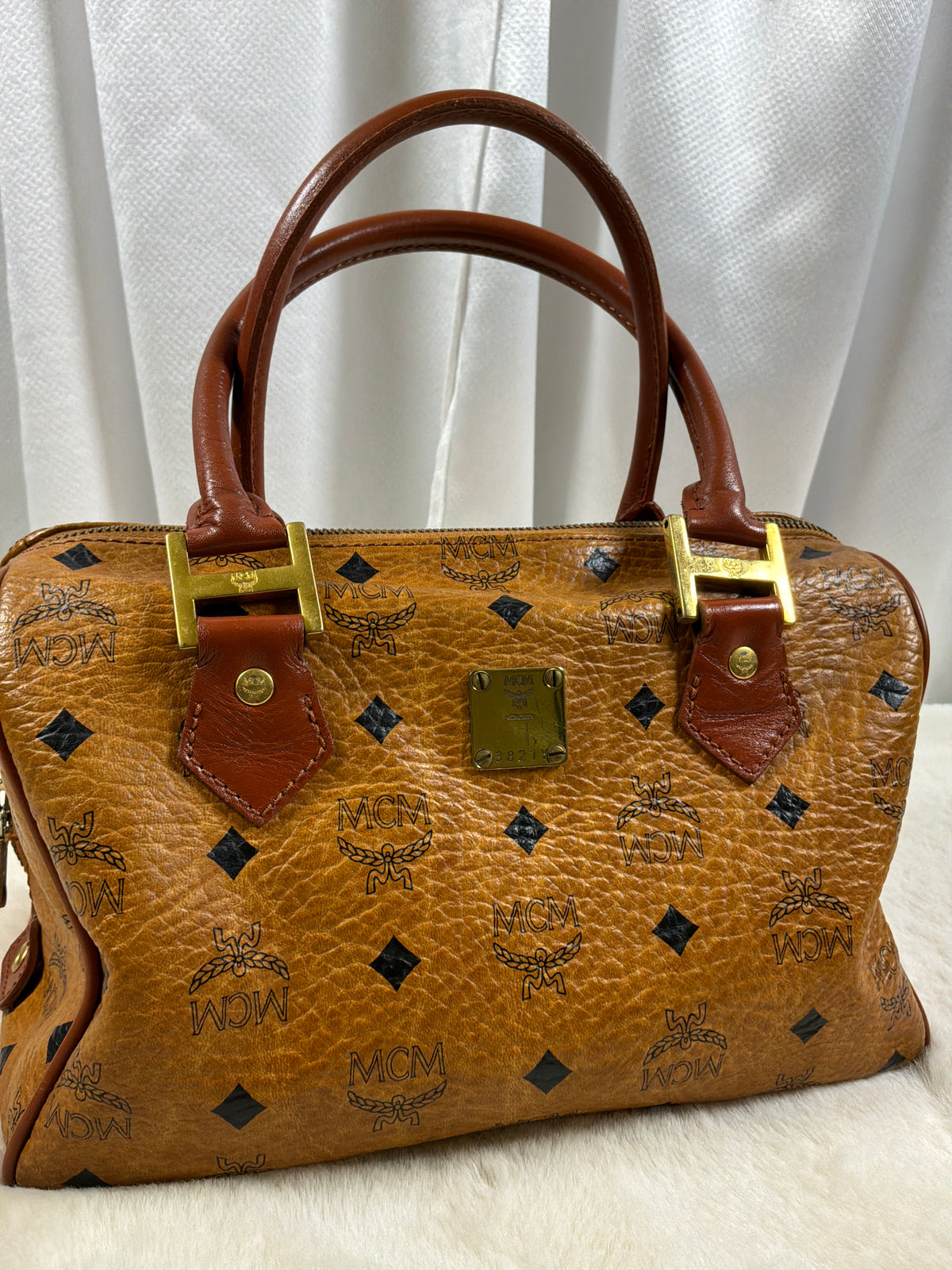 MCM Cognac Visetos Small Boston Bag Vintage