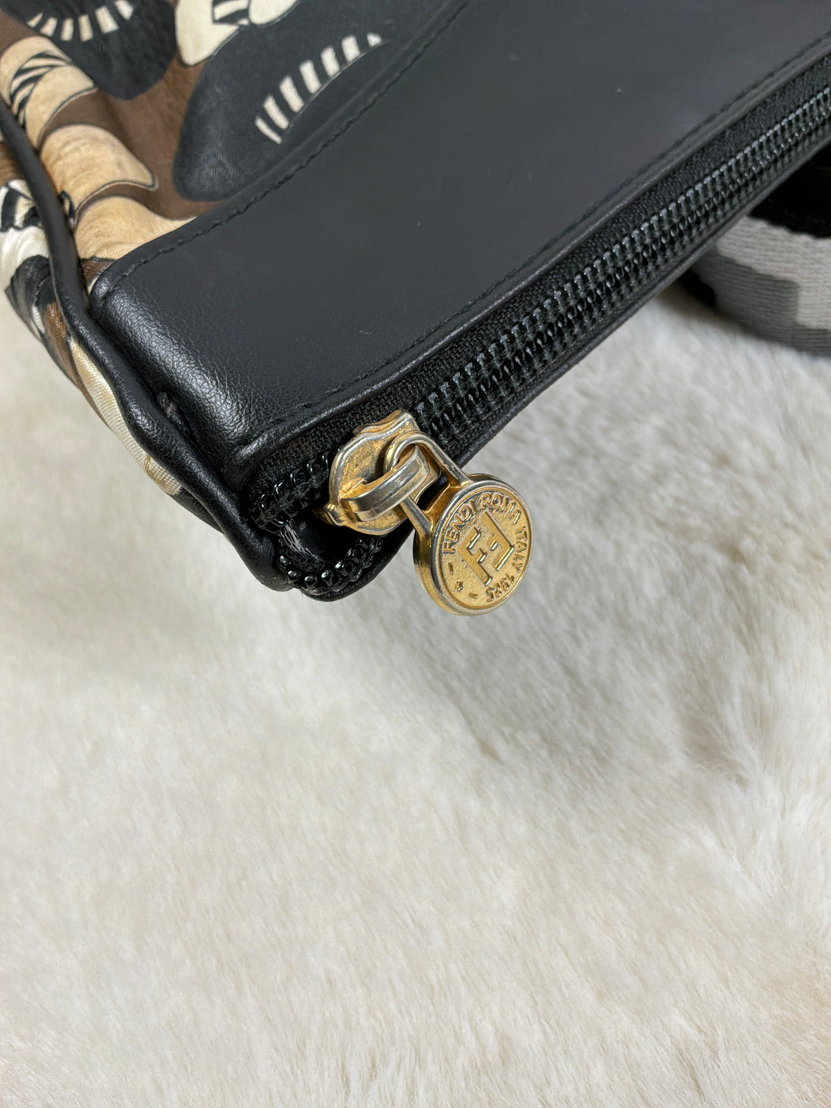 Fendi Vintage Black Leather & Abstract Print Canvas Clutch