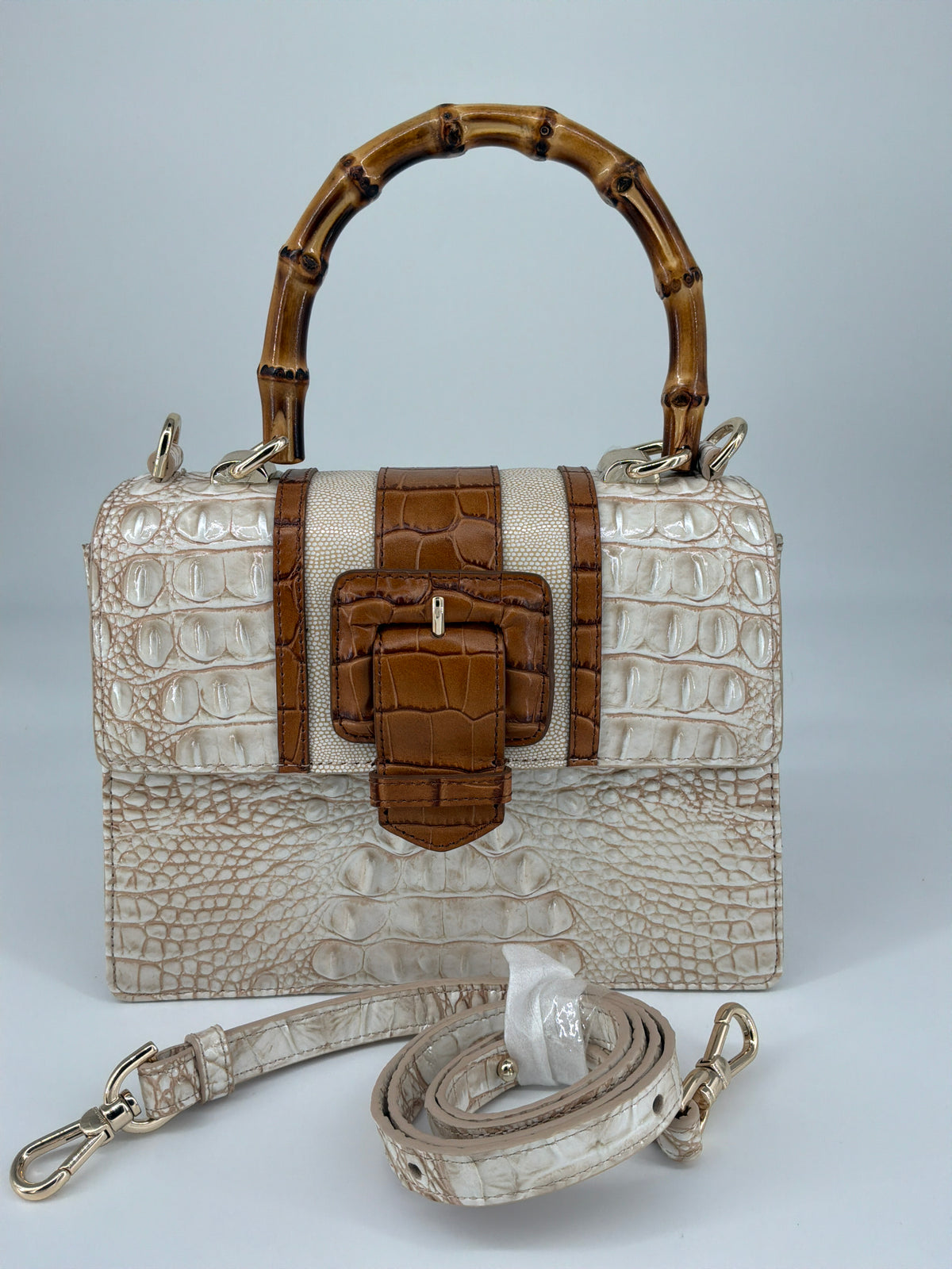 Brahmin Bamboo Handle Woven Leather Tote & Wallet Bundle – Pecan / Natural