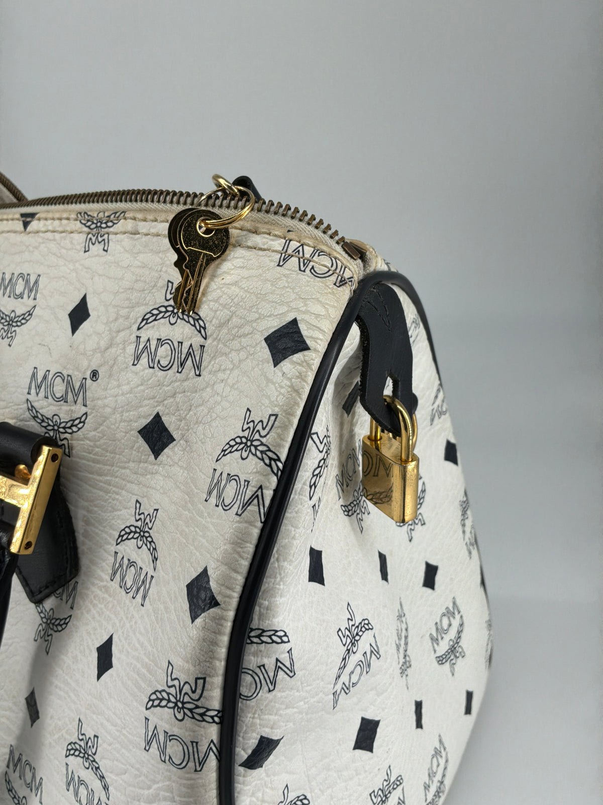 MCM Visetos Flight Print Coated Canvas Boston Bag – White