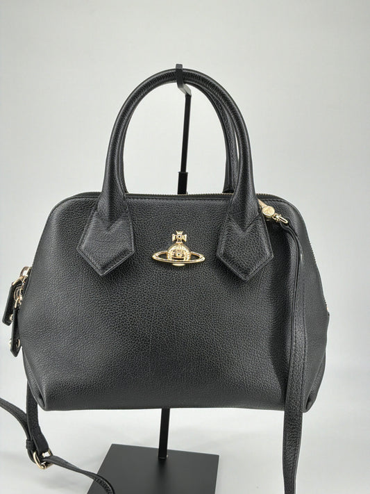 Vivienne Westwood Orb Emblem Pebbled Leather Satchel Bag – Black