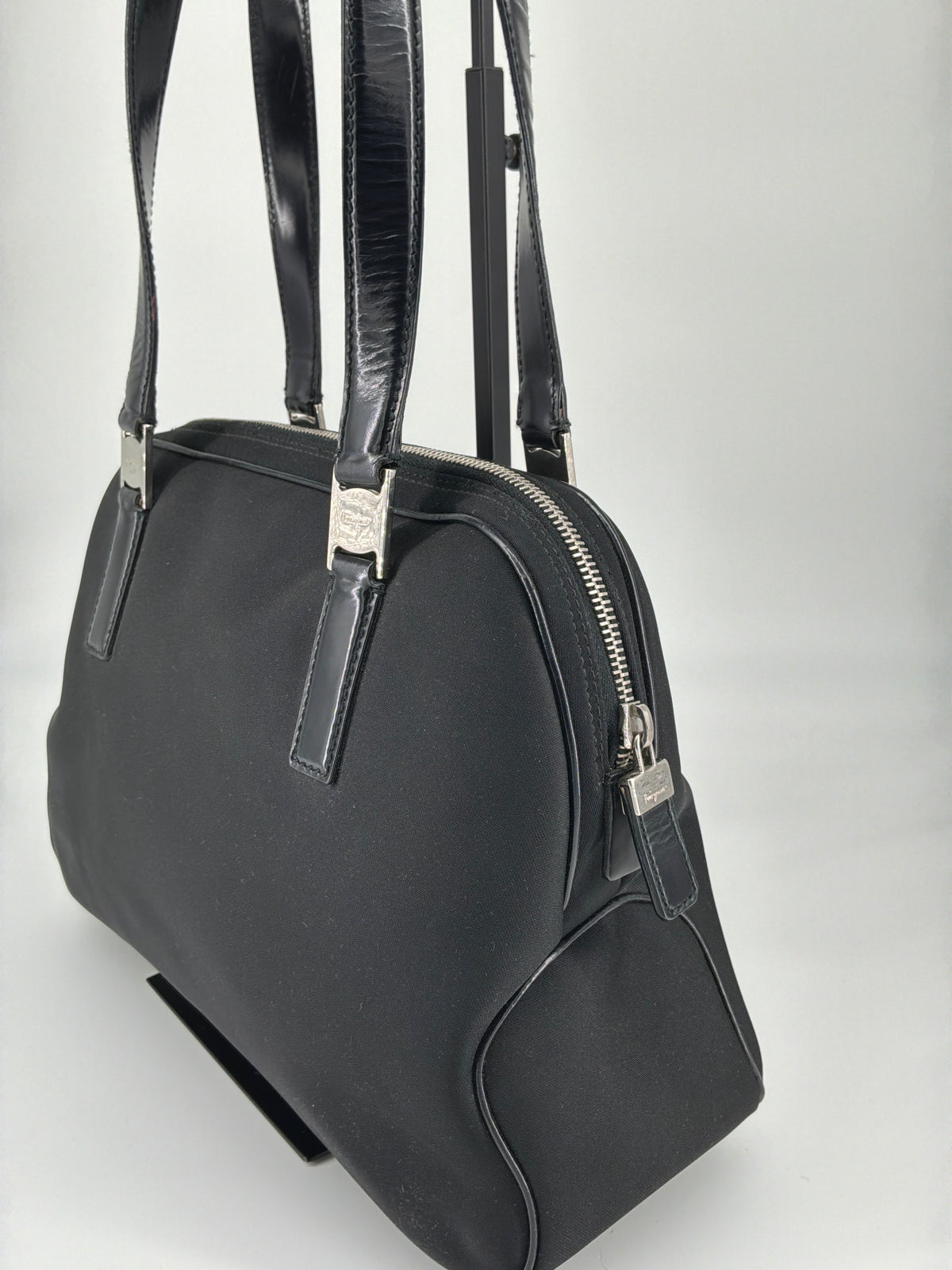Salvatore Ferragamo Logo Plate Nylon & Leather Shoulder Tote Bag – Black