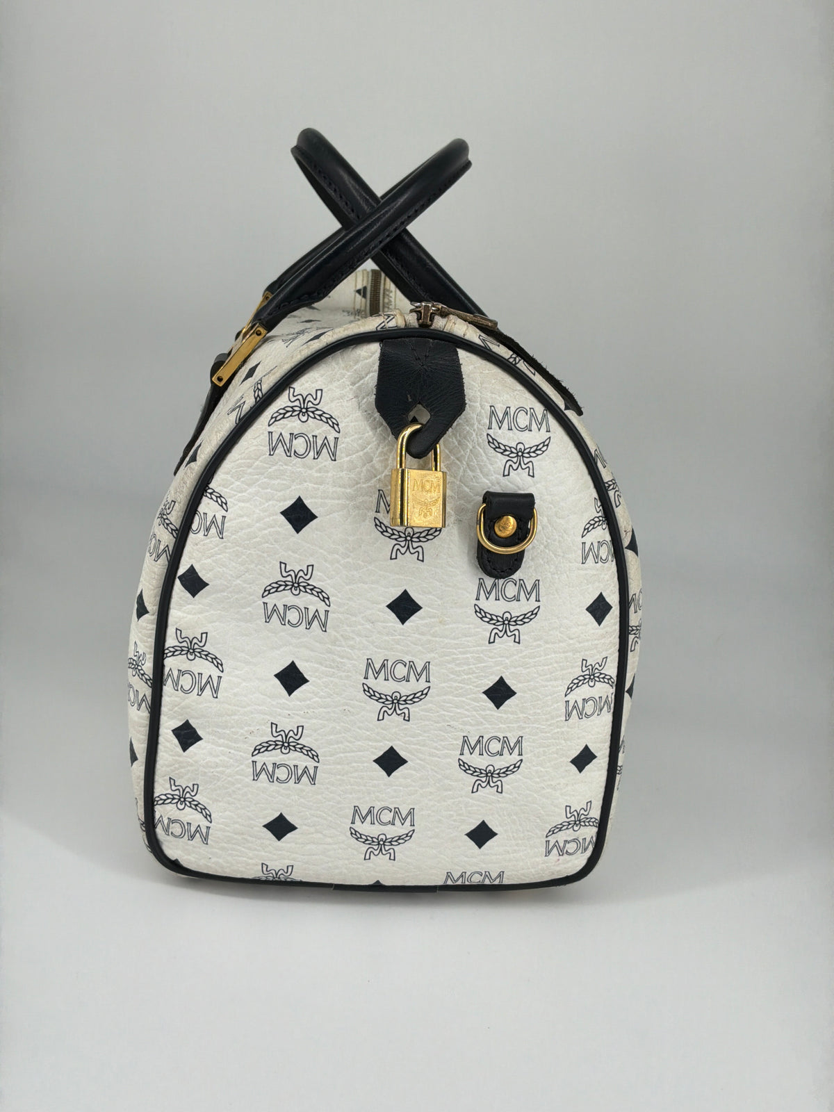 MCM Visetos Flight Print Coated Canvas Boston Bag – White