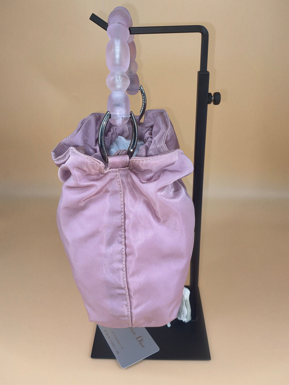 Christian Dior Mini Pouch Bag – Vintage Blush Pink Satin with Resin Beaded Handle
