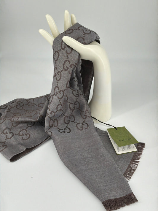Gucci GG Monogram Jacquard Wool Fringe Scarf – Charcoal / Grey