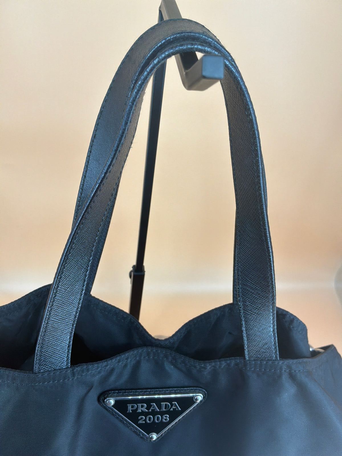 Prada Tessuto Nylon Tote Bag – Black with Teddy Bear Applique, 1990s Vintage