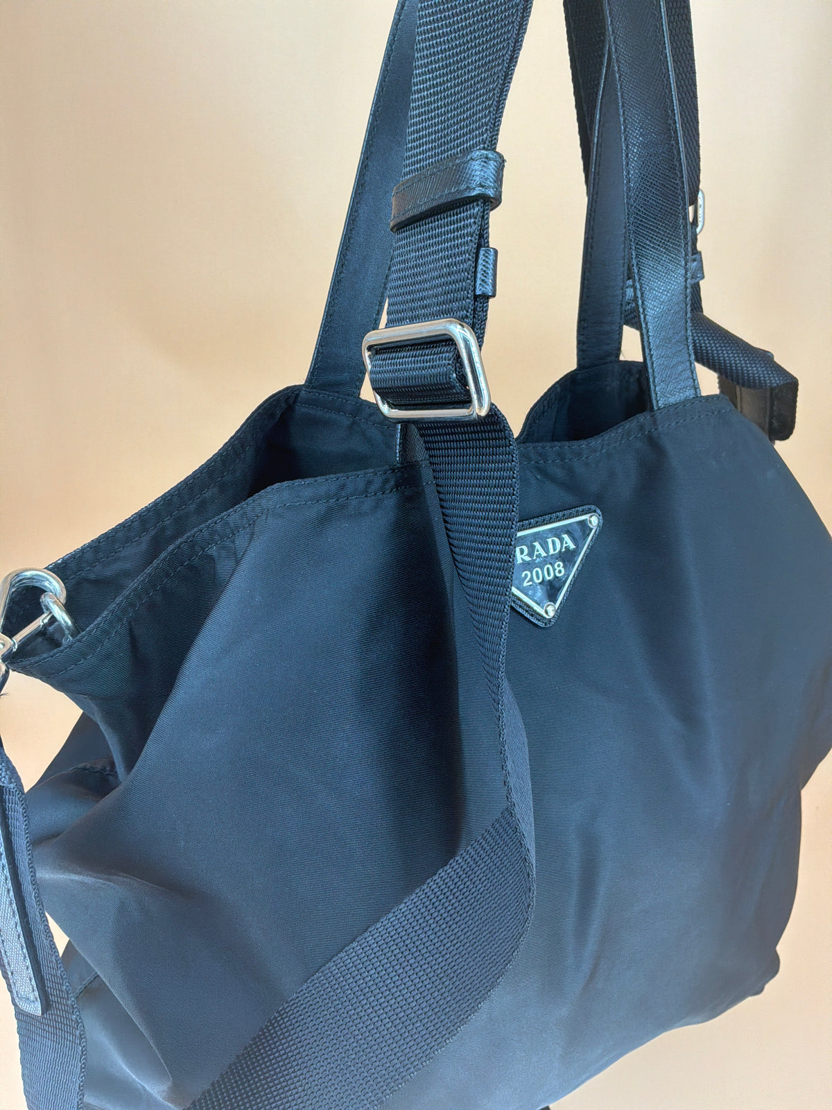 Prada Tessuto Nylon Tote Bag – Black with Teddy Bear Applique, 1990s Vintage