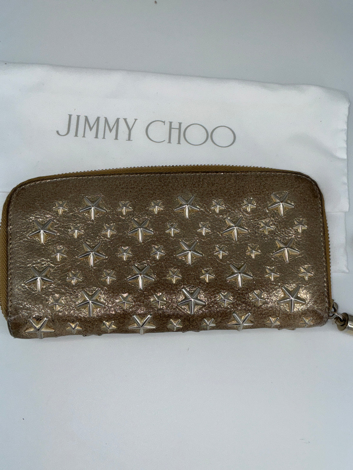 Jimmy Choo Star Studded Leather Zip-Around Wallet – Metallic Dark Gold