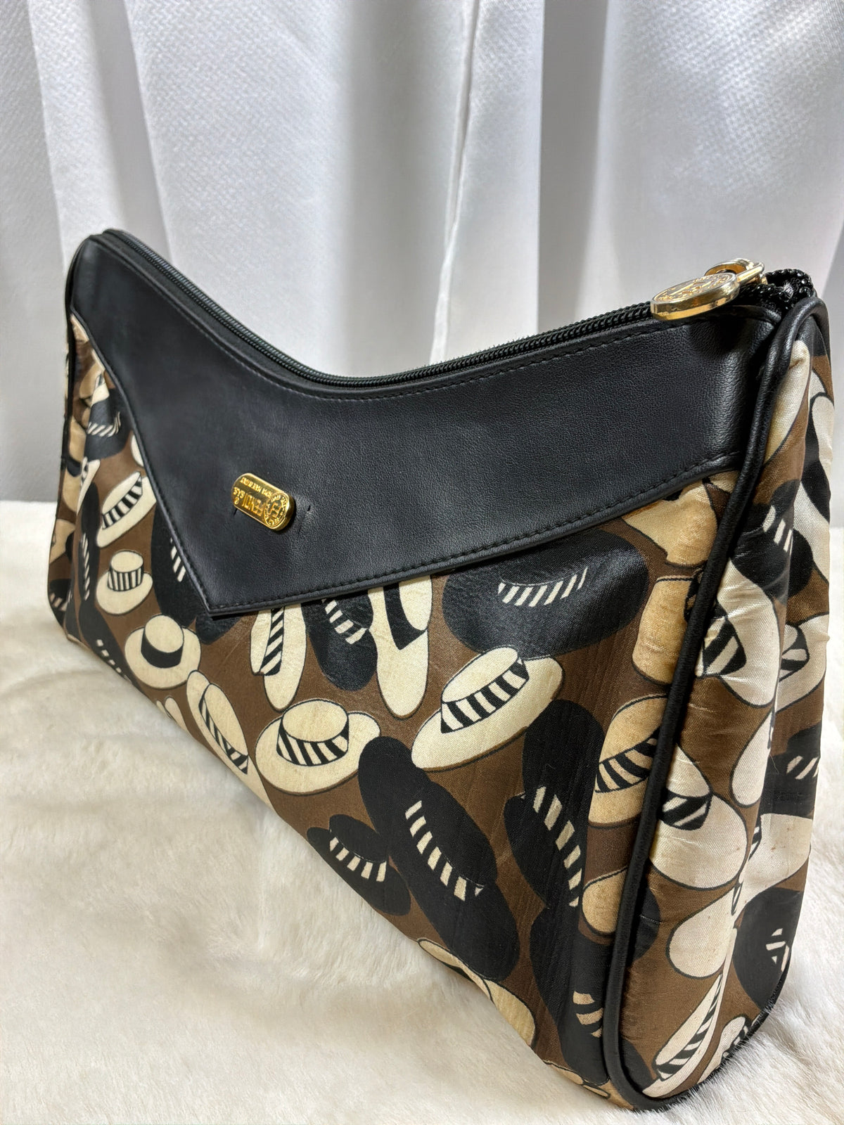 Fendi Vintage Black Leather & Abstract Print Canvas Clutch
