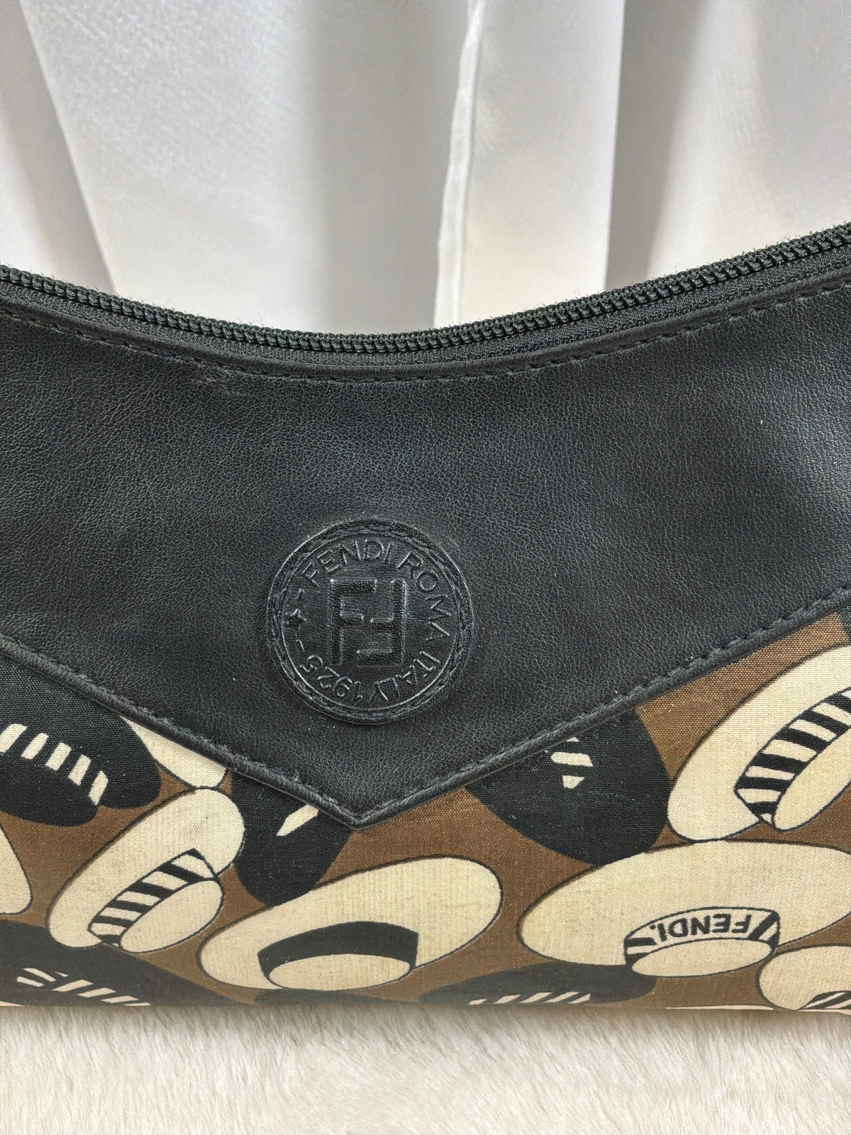 Fendi Vintage Black Leather & Abstract Print Canvas Clutch