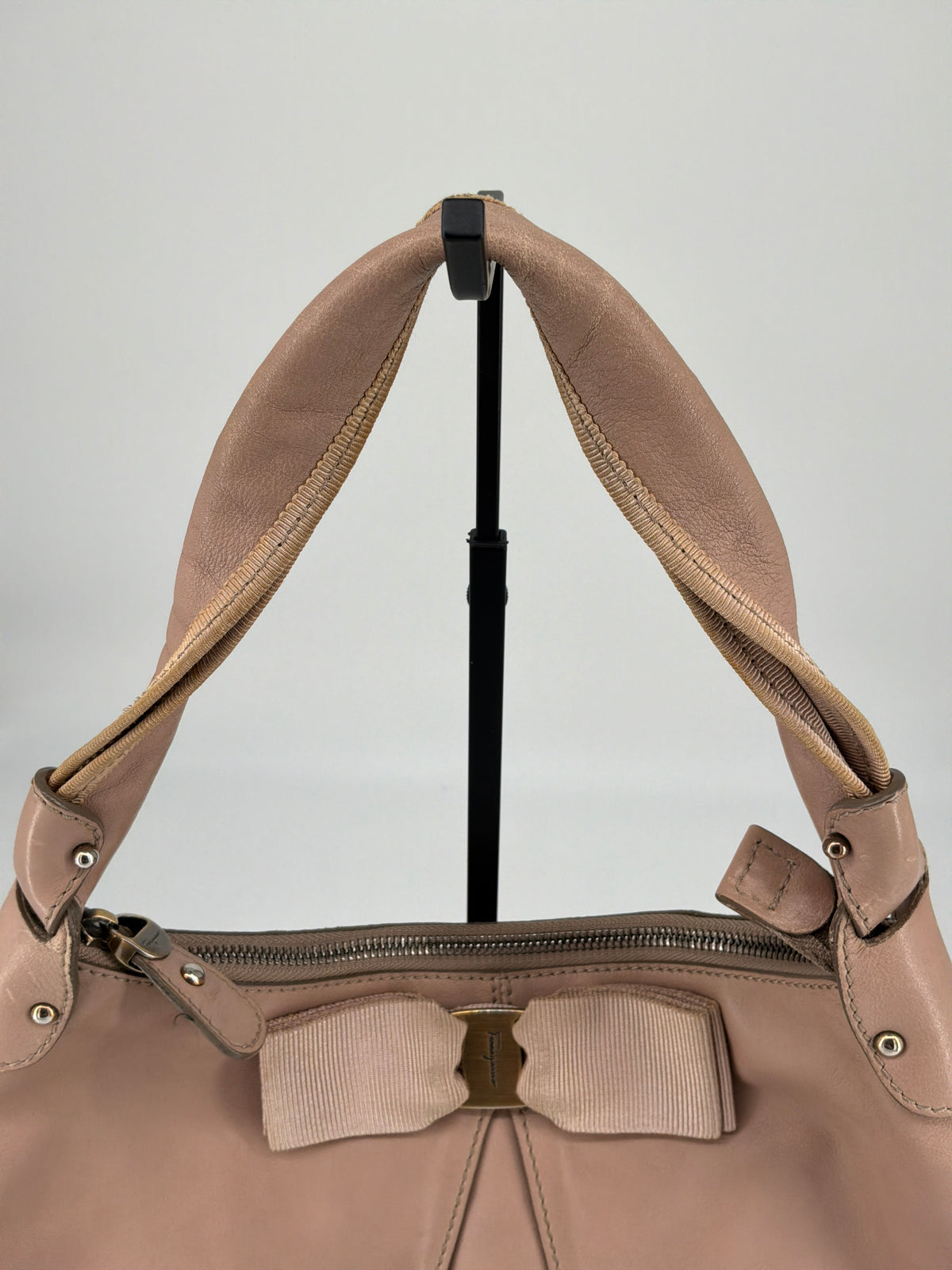 Salvatore Ferragamo Pleated Bow Leather Hobo Shoulder Bag – Taupe