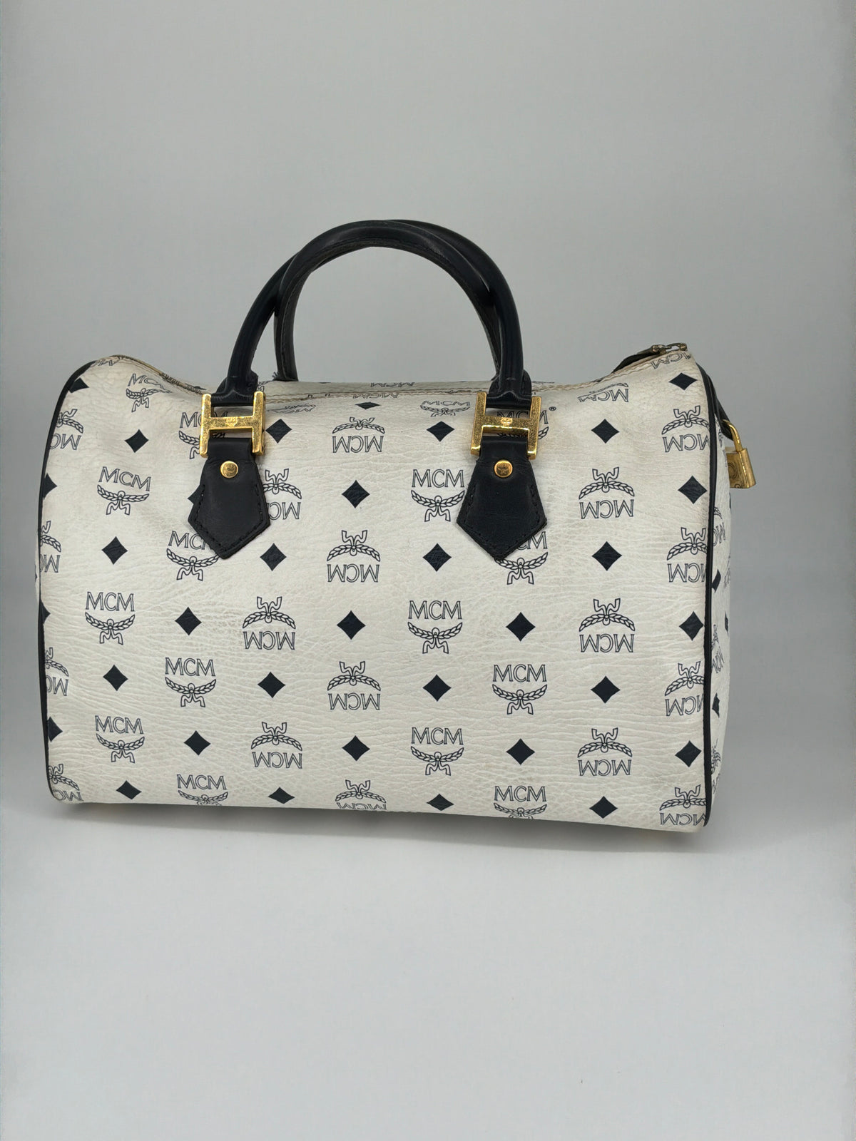 MCM Visetos Flight Print Coated Canvas Boston Bag – White