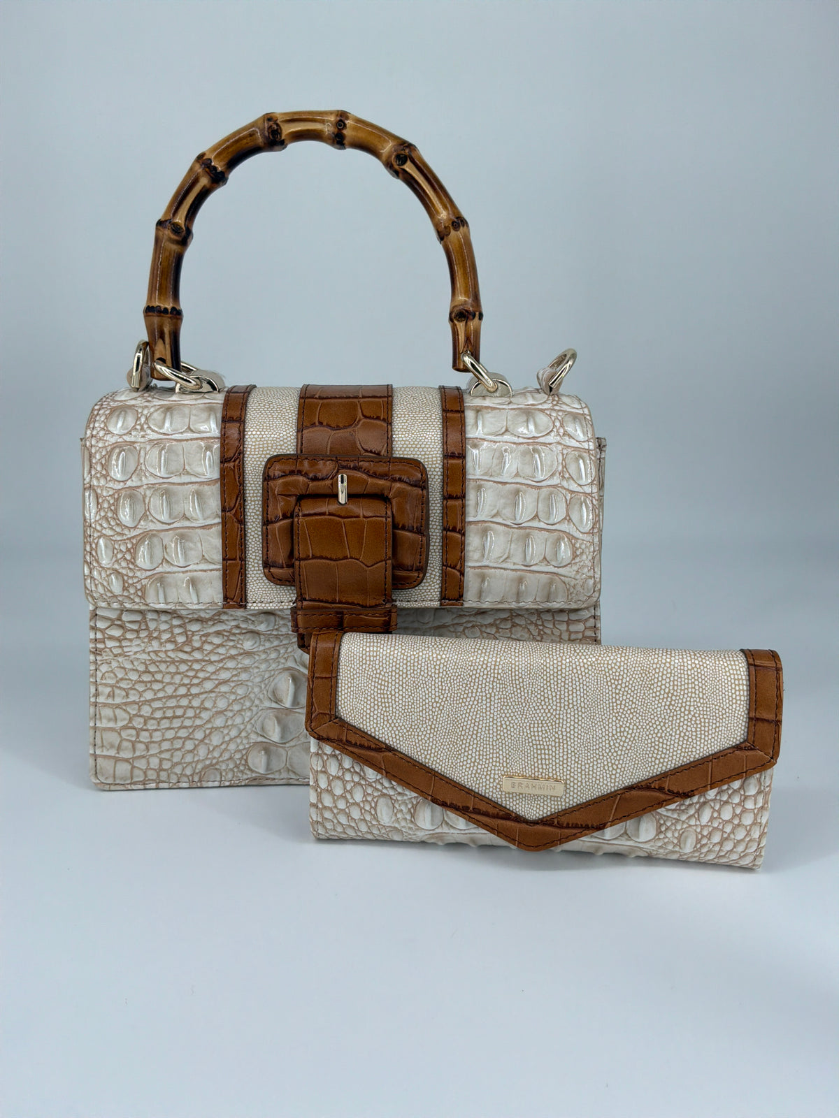 Brahmin Bamboo Handle Woven Leather Tote & Wallet Bundle – Pecan / Natural