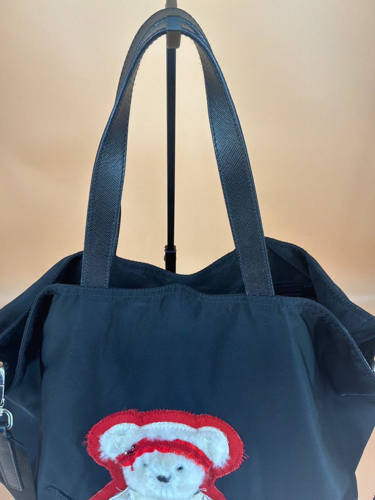 Prada Tessuto Nylon Tote Bag – Black with Teddy Bear Applique, 1990s Vintage