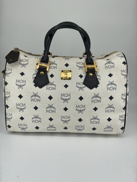 MCM Visetos Flight Print Coated Canvas Boston Bag – White