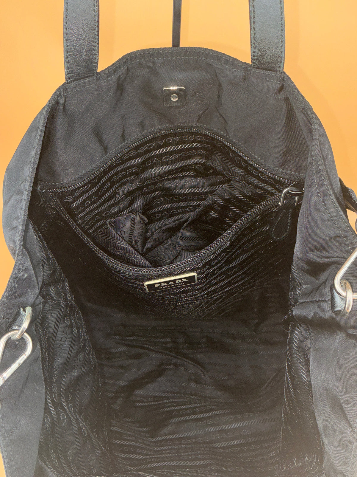 Prada Tessuto Nylon Tote Bag – Black with Teddy Bear Applique, 1990s Vintage